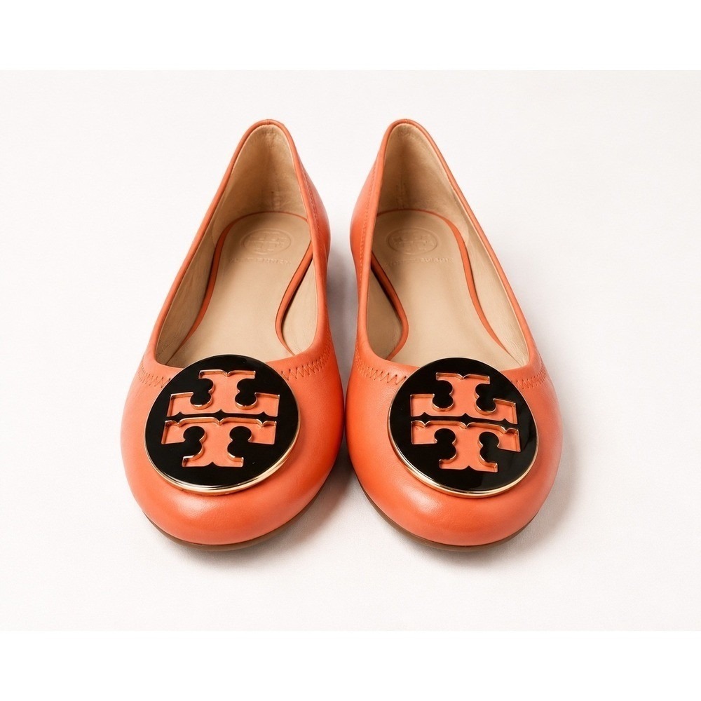Tory Burch Reva Ballet Flats Women 5M Orange Excellent Leather Logo Medallion
